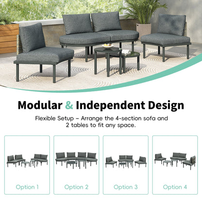 TOPMAX 6 - Piece Patio Sofa Furniture Set, Half Moon Outdoor Sectional Sofa with 2 High - Low Coffee Tables, PE Wicker Rattan, Tempered Glass, 4 Pillows & Cushions, for Backyard, Garden, Poolside,Gray - 1st Choice Furniture Direct