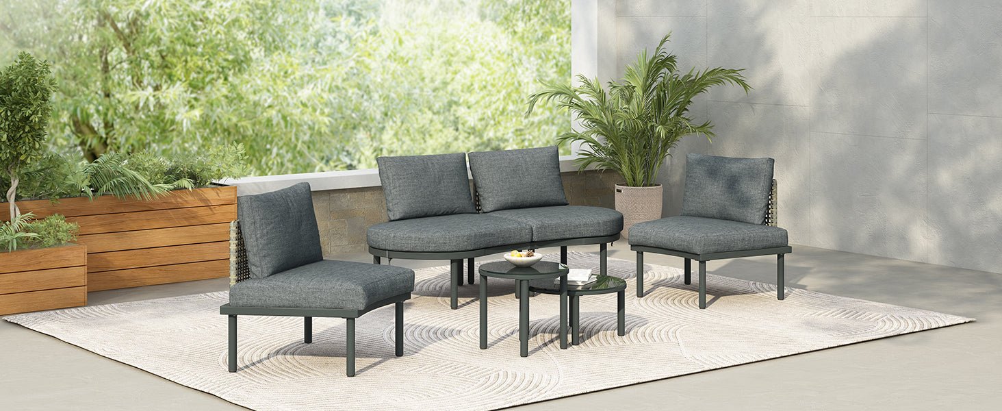TOPMAX 6 - Piece Patio Sofa Furniture Set, Half Moon Outdoor Sectional Sofa with 2 High - Low Coffee Tables, PE Wicker Rattan, Tempered Glass, 4 Pillows & Cushions, for Backyard, Garden, Poolside,Gray - 1st Choice Furniture Direct