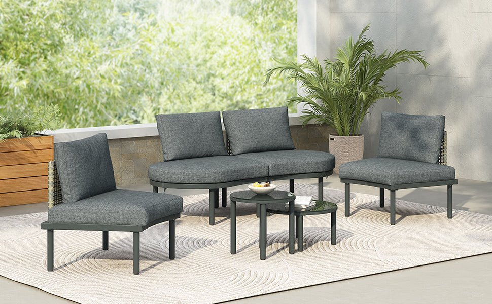 TOPMAX 6 - Piece Patio Sofa Furniture Set, Half Moon Outdoor Sectional Sofa with 2 High - Low Coffee Tables, PE Wicker Rattan, Tempered Glass, 4 Pillows & Cushions, for Backyard, Garden, Poolside,Gray - 1st Choice Furniture Direct