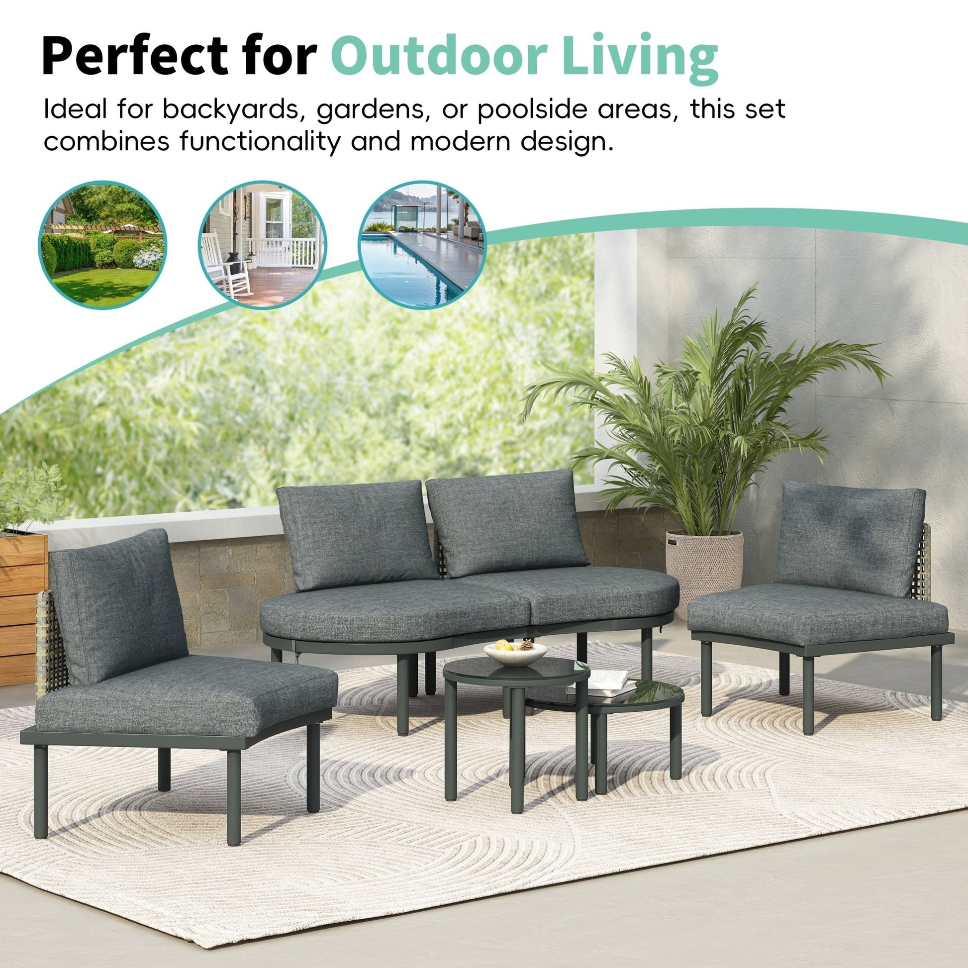 TOPMAX 6 - Piece Patio Sofa Furniture Set, Half Moon Outdoor Sectional Sofa with 2 High - Low Coffee Tables, PE Wicker Rattan, Tempered Glass, 4 Pillows & Cushions, for Backyard, Garden, Poolside,Gray - 1st Choice Furniture Direct