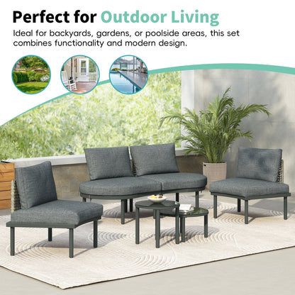 TOPMAX 6 - Piece Patio Sofa Furniture Set, Half Moon Outdoor Sectional Sofa with 2 High - Low Coffee Tables, PE Wicker Rattan, Tempered Glass, 4 Pillows & Cushions, for Backyard, Garden, Poolside,Gray - 1st Choice Furniture Direct