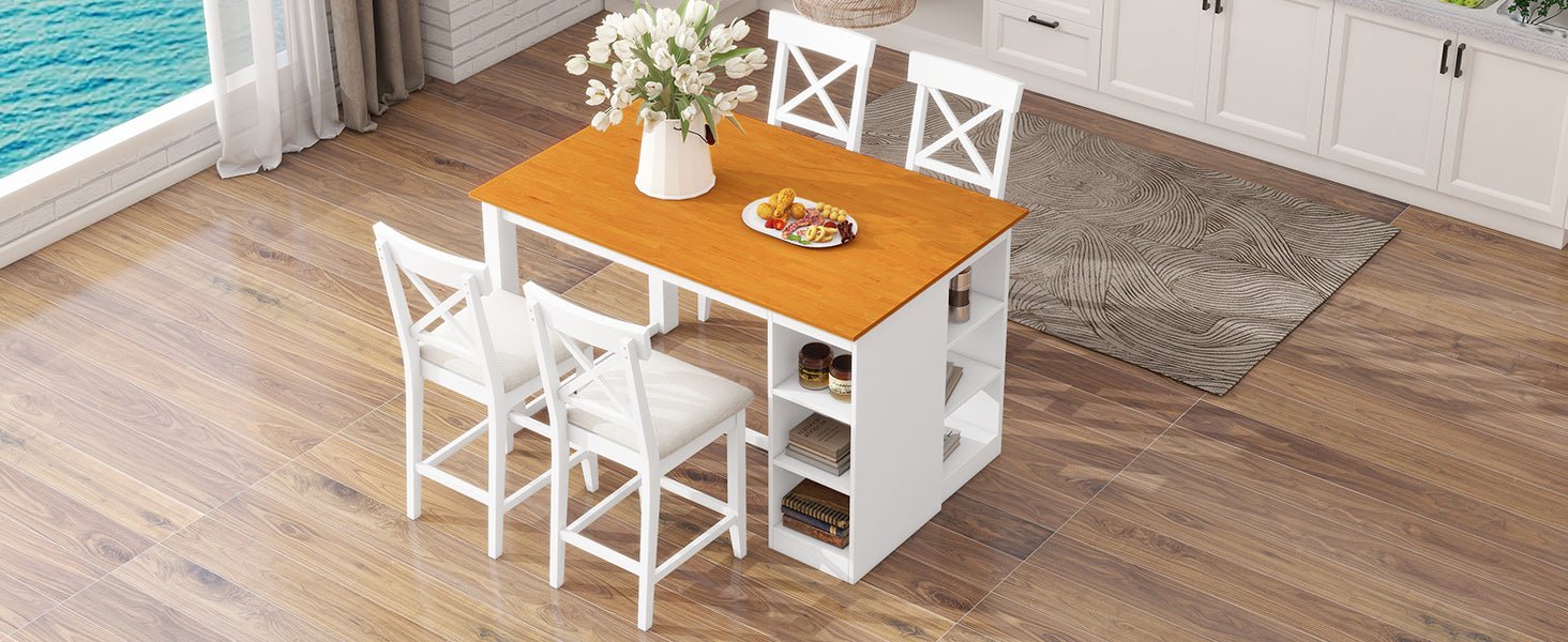 TOPMAX 60'Lx30'W Solid Wood Farmhouse Counter Height Dining Table Set with 3 - Tier Storage Shelves, Upholstered Dining Chairs for 4, 5 - Piece, White - 1st Choice Furniture Direct