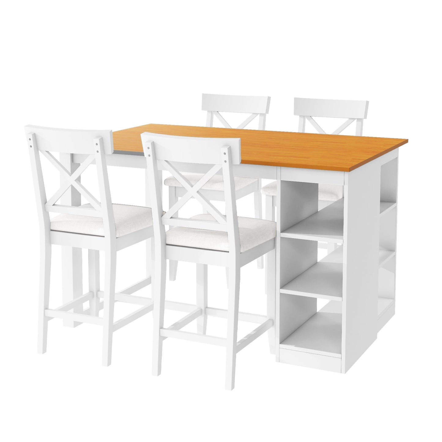 TOPMAX 60'Lx30'W Solid Wood Farmhouse Counter Height Dining Table Set with 3 - Tier Storage Shelves, Upholstered Dining Chairs for 4, 5 - Piece, White - 1st Choice Furniture Direct