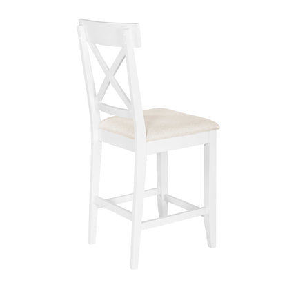 TOPMAX 60'Lx30'W Solid Wood Farmhouse Counter Height Dining Table Set with 3 - Tier Storage Shelves, Upholstered Dining Chairs for 4, 5 - Piece, White - 1st Choice Furniture Direct