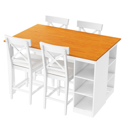 TOPMAX 60'Lx30'W Solid Wood Farmhouse Counter Height Dining Table Set with 3 - Tier Storage Shelves, Upholstered Dining Chairs for 4, 5 - Piece, White - 1st Choice Furniture Direct