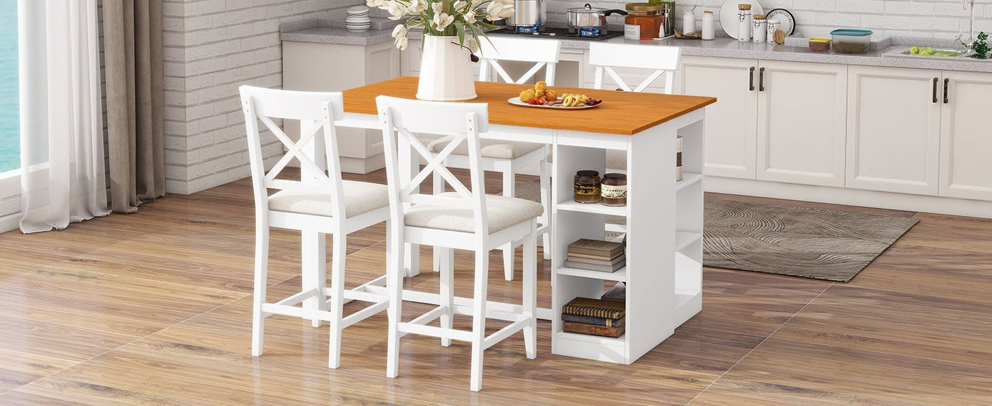 TOPMAX 60'Lx30'W Solid Wood Farmhouse Counter Height Dining Table Set with 3 - Tier Storage Shelves, Upholstered Dining Chairs for 4, 5 - Piece, White - 1st Choice Furniture Direct