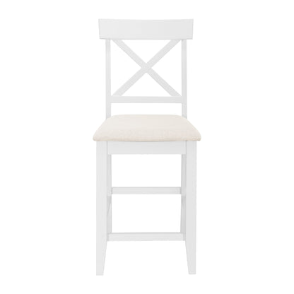 TOPMAX 60'Lx30'W Solid Wood Farmhouse Counter Height Dining Table Set with 3 - Tier Storage Shelves, Upholstered Dining Chairs for 4, 5 - Piece, White - 1st Choice Furniture Direct