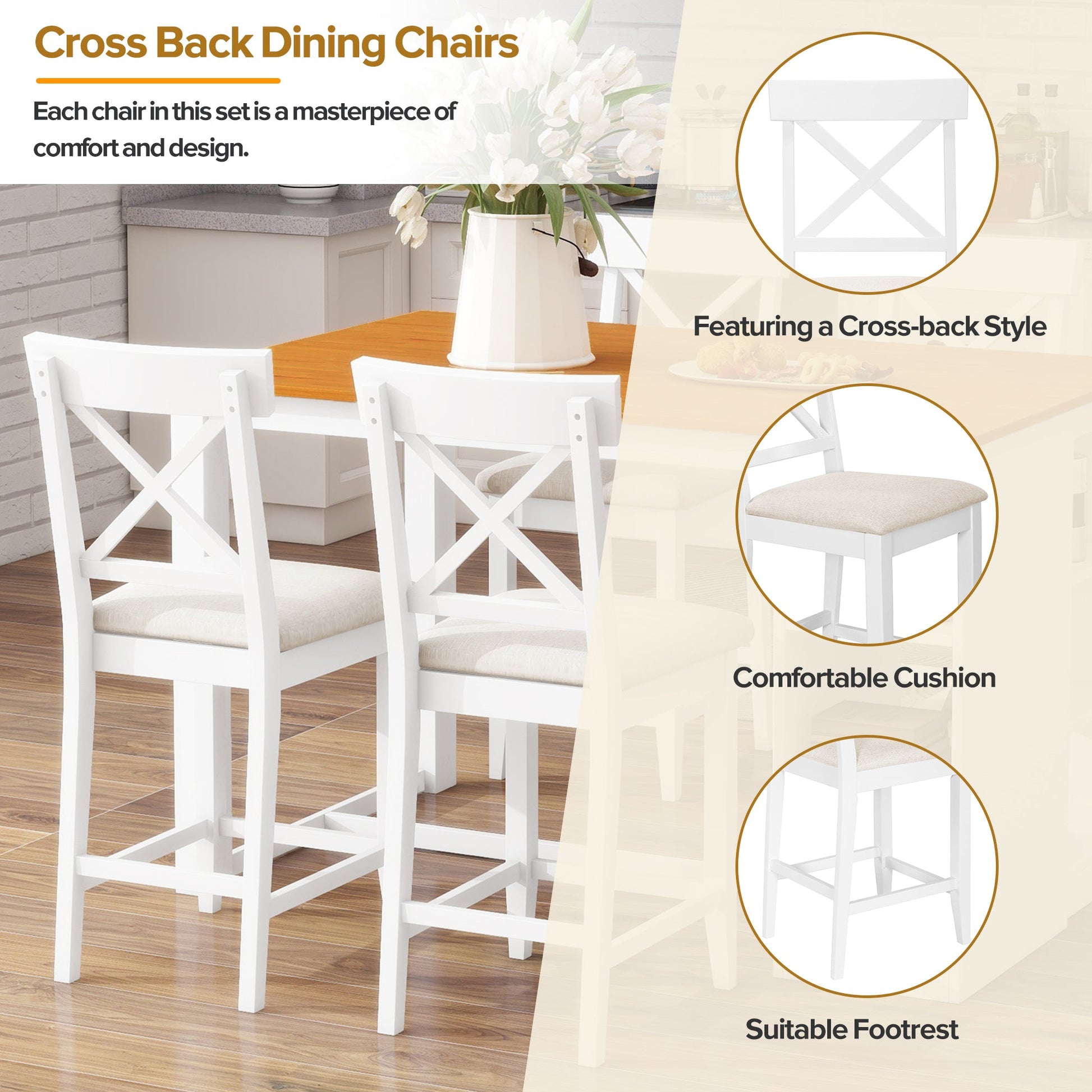 TOPMAX 60'Lx30'W Solid Wood Farmhouse Counter Height Dining Table Set with 3 - Tier Storage Shelves, Upholstered Dining Chairs for 4, 5 - Piece, White - 1st Choice Furniture Direct