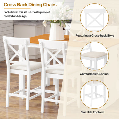 TOPMAX 60'Lx30'W Solid Wood Farmhouse Counter Height Dining Table Set with 3 - Tier Storage Shelves, Upholstered Dining Chairs for 4, 5 - Piece, White - 1st Choice Furniture Direct