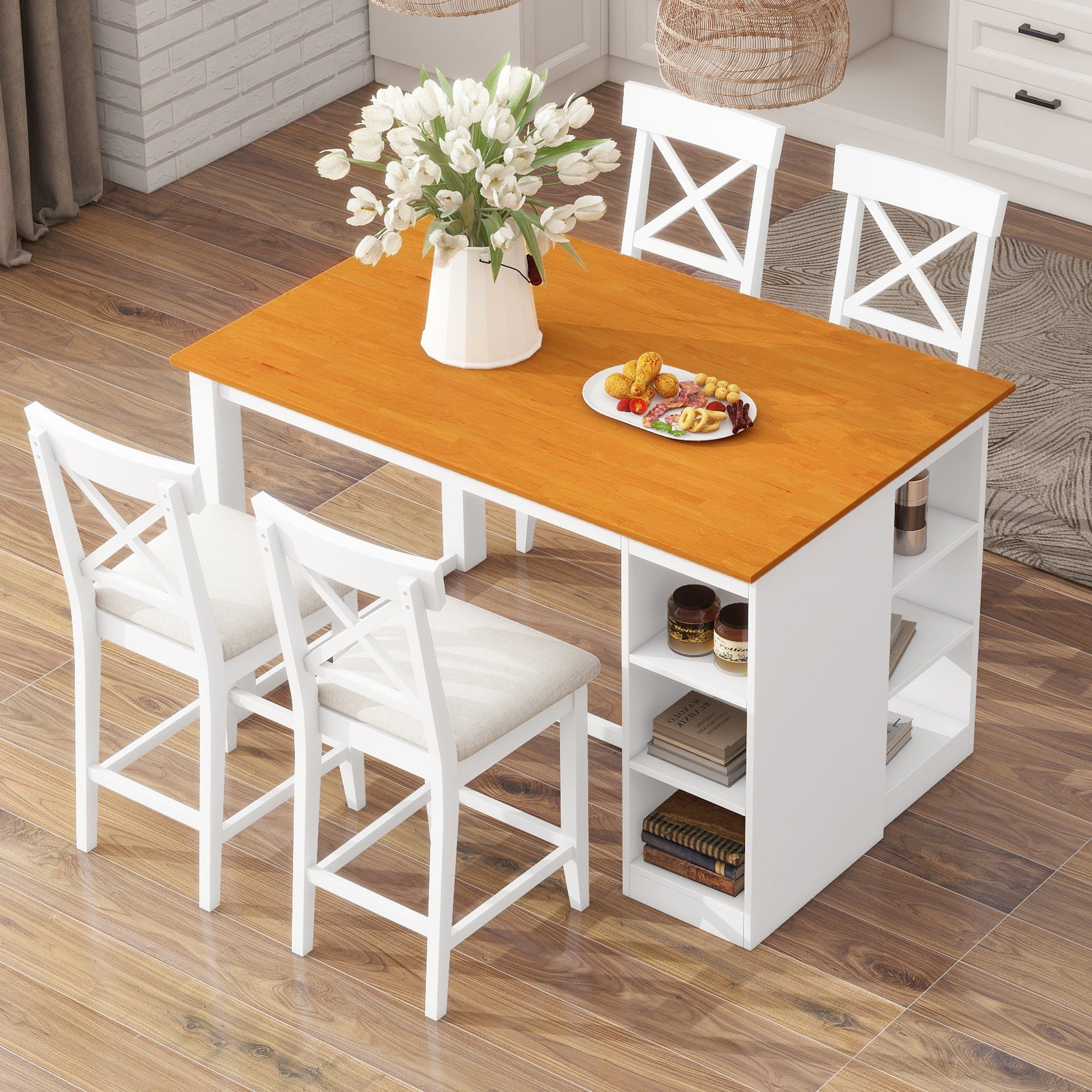 TOPMAX 60'Lx30'W Solid Wood Farmhouse Counter Height Dining Table Set with 3 - Tier Storage Shelves, Upholstered Dining Chairs for 4, 5 - Piece, White - 1st Choice Furniture Direct
