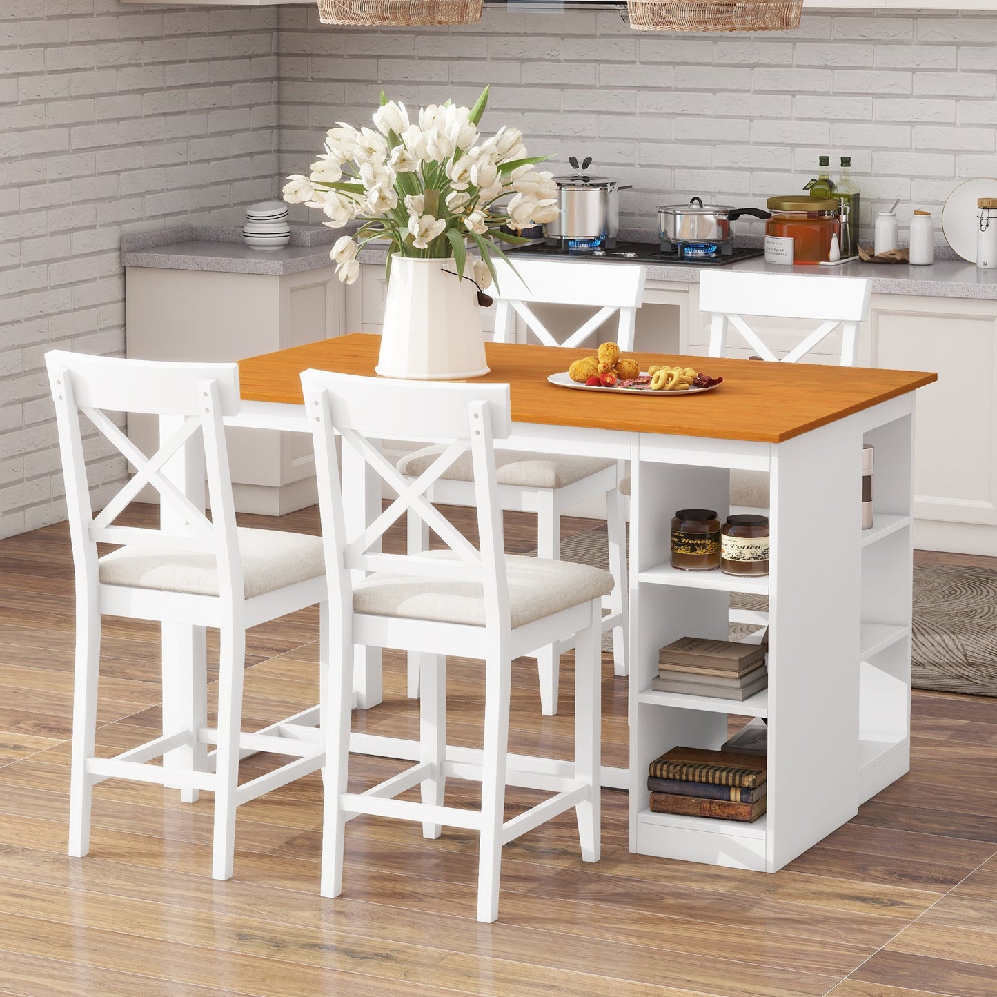 TOPMAX 60'Lx30'W Solid Wood Farmhouse Counter Height Dining Table Set with 3 - Tier Storage Shelves, Upholstered Dining Chairs for 4, 5 - Piece, White - 1st Choice Furniture Direct