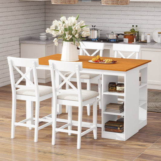 TOPMAX 60'Lx30'W Solid Wood Farmhouse Counter Height Dining Table Set with 3 - Tier Storage Shelves, Upholstered Dining Chairs for 4, 5 - Piece, White - 1st Choice Furniture Direct