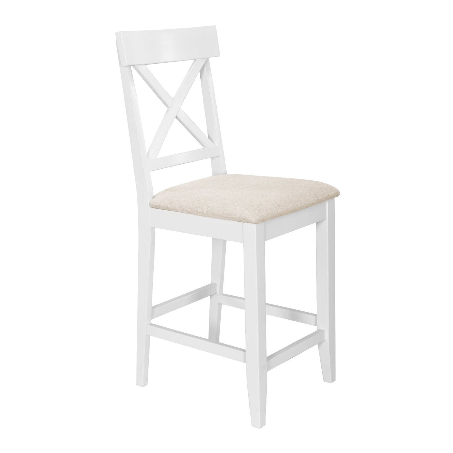 TOPMAX 60'Lx30'W Solid Wood Farmhouse Counter Height Dining Table Set with 3 - Tier Storage Shelves, Upholstered Dining Chairs for 4, 5 - Piece, White - 1st Choice Furniture Direct