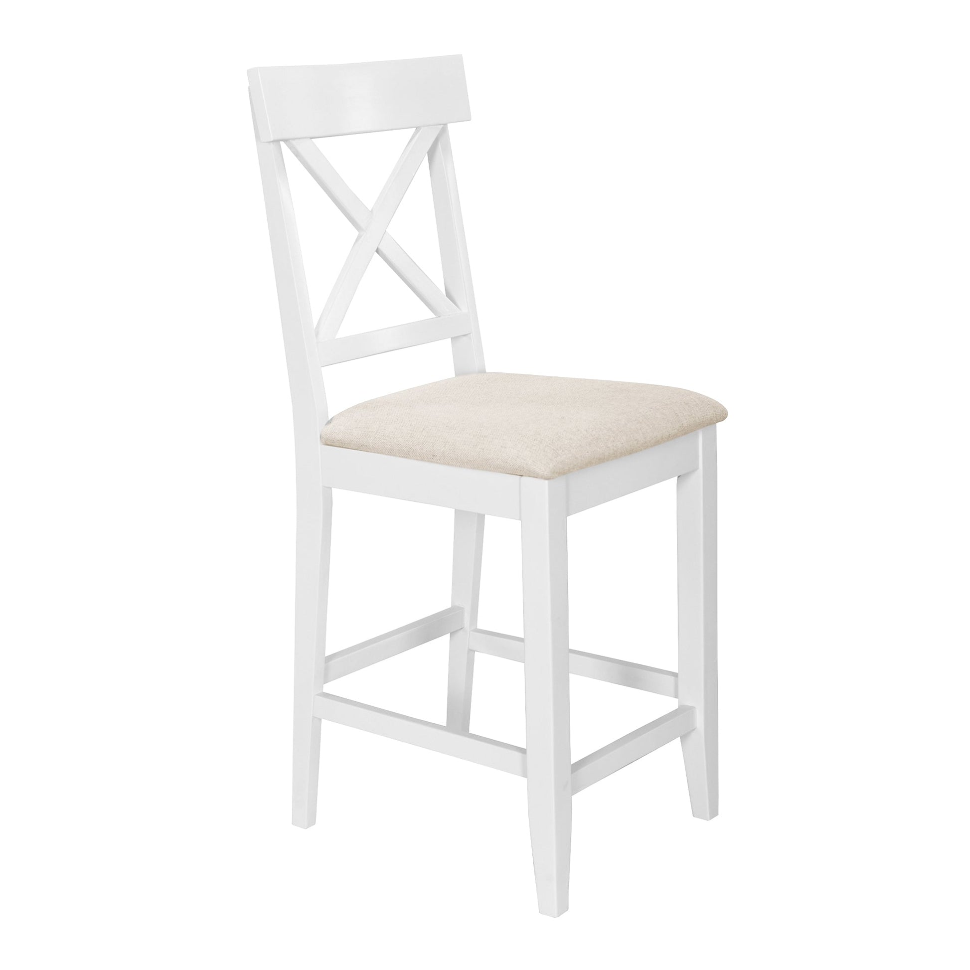 TOPMAX 60'Lx30'W Solid Wood Farmhouse Counter Height Dining Table Set with 3 - Tier Storage Shelves, Upholstered Dining Chairs for 4, 5 - Piece, White - 1st Choice Furniture Direct