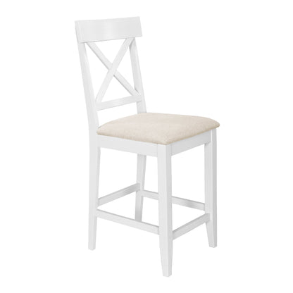 TOPMAX 60'Lx30'W Solid Wood Farmhouse Counter Height Dining Table Set with 3 - Tier Storage Shelves, Upholstered Dining Chairs for 4, 5 - Piece, White - 1st Choice Furniture Direct