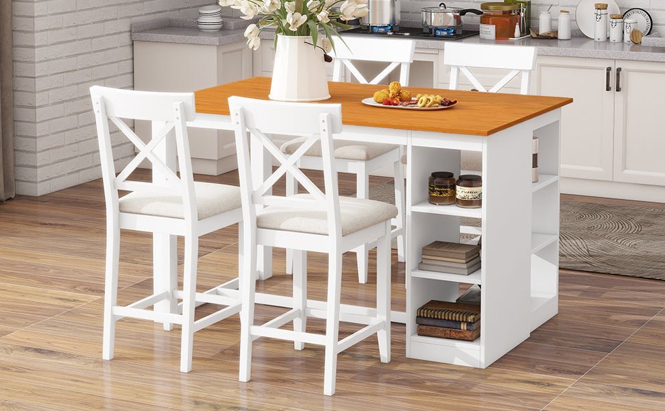 TOPMAX 60'Lx30'W Solid Wood Farmhouse Counter Height Dining Table Set with 3 - Tier Storage Shelves, Upholstered Dining Chairs for 4, 5 - Piece, White - 1st Choice Furniture Direct