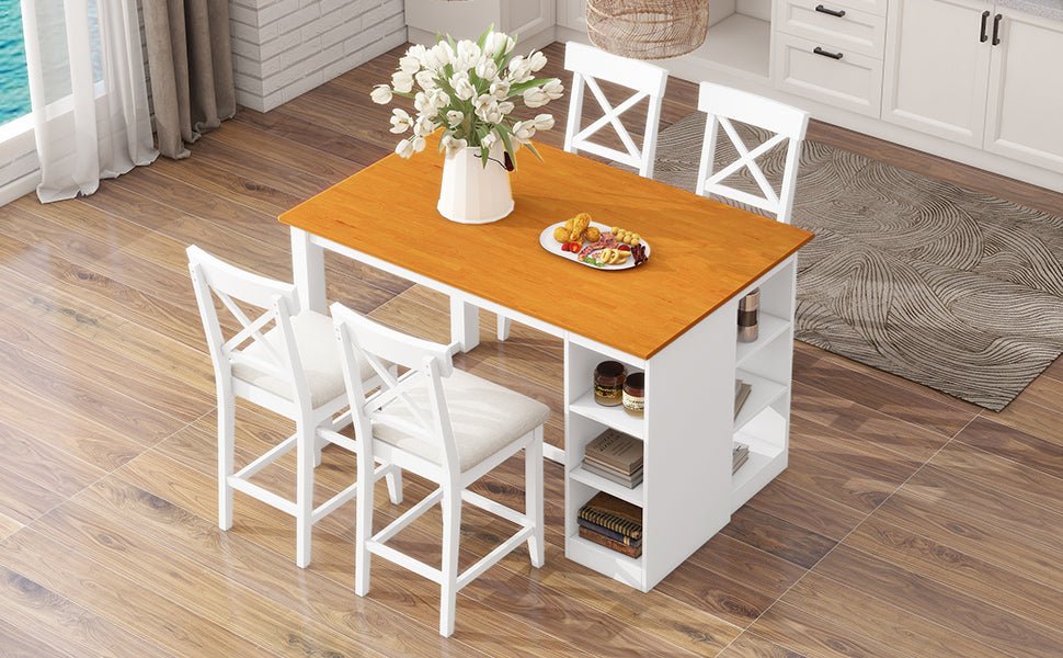 TOPMAX 60'Lx30'W Solid Wood Farmhouse Counter Height Dining Table Set with 3 - Tier Storage Shelves, Upholstered Dining Chairs for 4, 5 - Piece, White - 1st Choice Furniture Direct