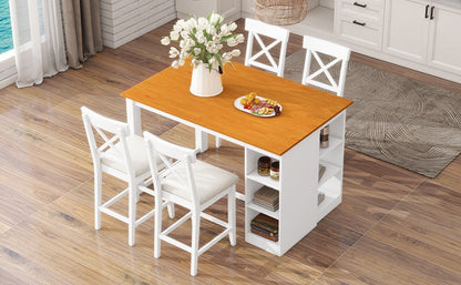 TOPMAX 60'Lx30'W Solid Wood Farmhouse Counter Height Dining Table Set with 3 - Tier Storage Shelves, Upholstered Dining Chairs for 4, 5 - Piece, White - 1st Choice Furniture Direct