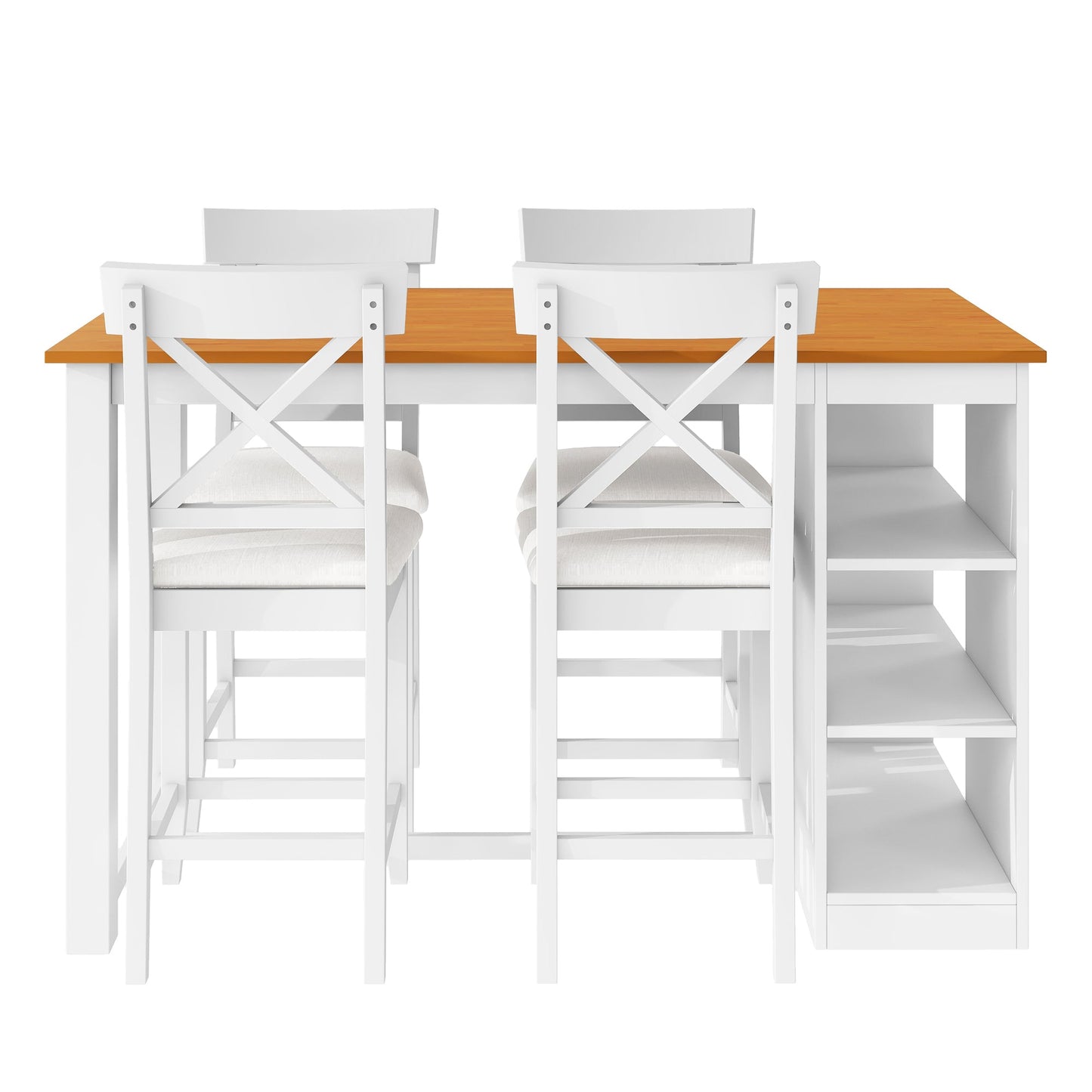 TOPMAX 60'Lx30'W Solid Wood Farmhouse Counter Height Dining Table Set with 3 - Tier Storage Shelves, Upholstered Dining Chairs for 4, 5 - Piece, White - 1st Choice Furniture Direct