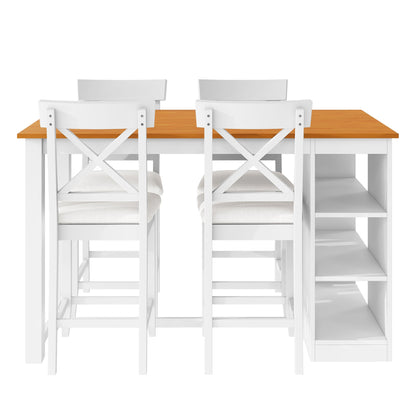 TOPMAX 60'Lx30'W Solid Wood Farmhouse Counter Height Dining Table Set with 3 - Tier Storage Shelves, Upholstered Dining Chairs for 4, 5 - Piece, White - 1st Choice Furniture Direct