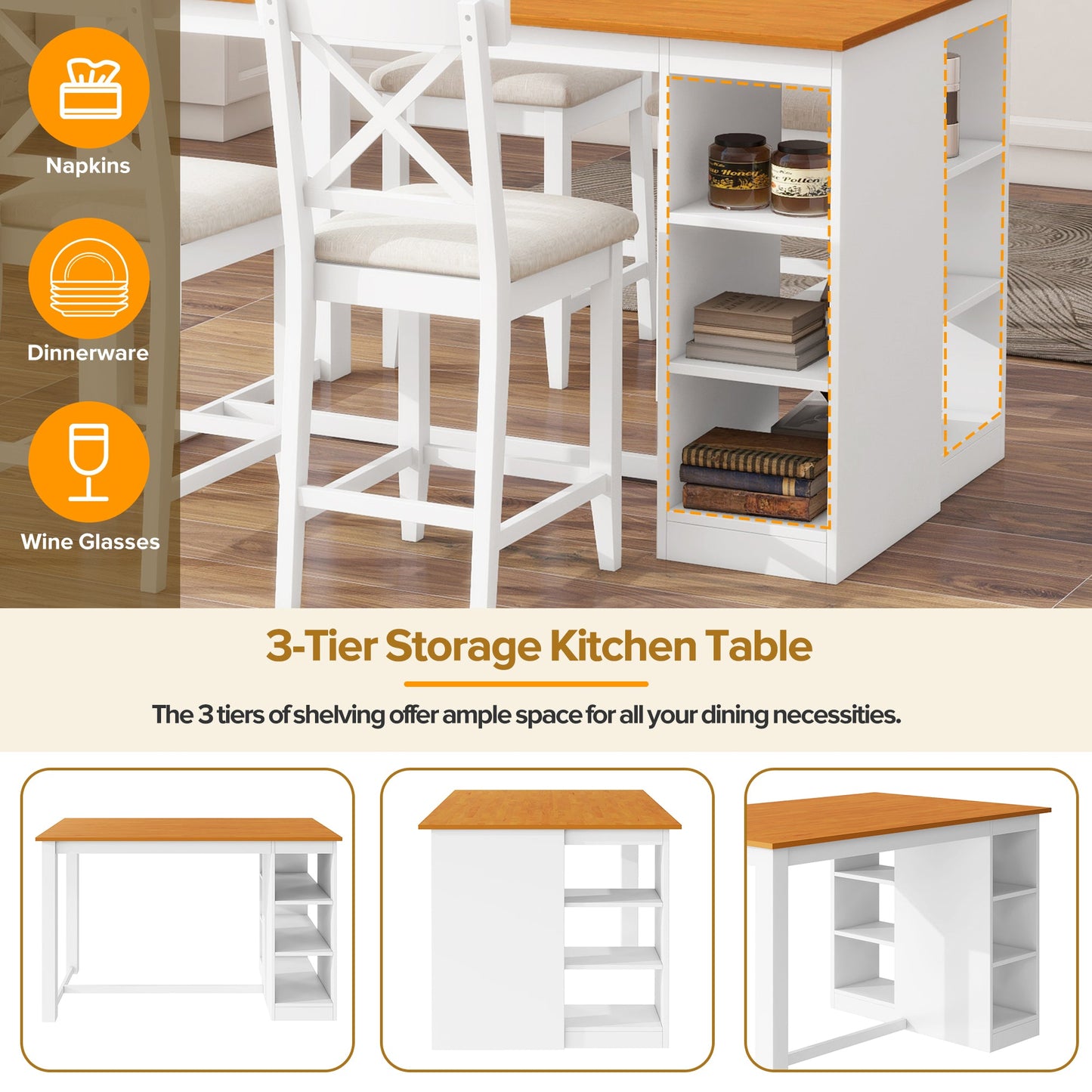 TOPMAX 60'Lx30'W Solid Wood Farmhouse Counter Height Dining Table Set with 3 - Tier Storage Shelves, Upholstered Dining Chairs for 4, 5 - Piece, White - 1st Choice Furniture Direct