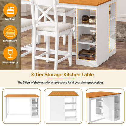TOPMAX 60'Lx30'W Solid Wood Farmhouse Counter Height Dining Table Set with 3 - Tier Storage Shelves, Upholstered Dining Chairs for 4, 5 - Piece, White - 1st Choice Furniture Direct