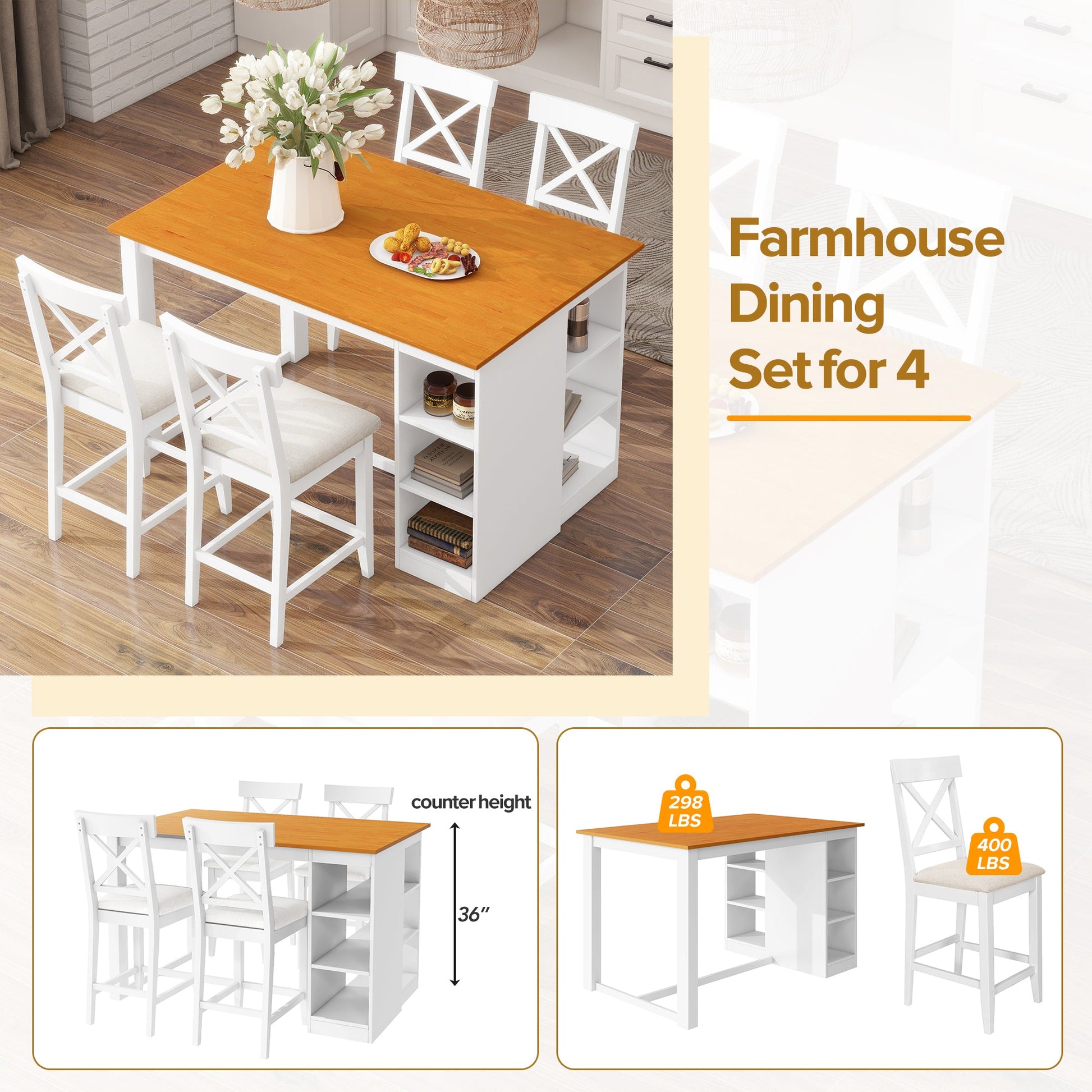 TOPMAX 60'Lx30'W Solid Wood Farmhouse Counter Height Dining Table Set with 3 - Tier Storage Shelves, Upholstered Dining Chairs for 4, 5 - Piece, White - 1st Choice Furniture Direct