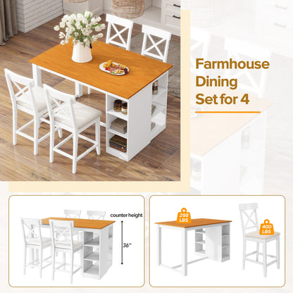 TOPMAX 60'Lx30'W Solid Wood Farmhouse Counter Height Dining Table Set with 3 - Tier Storage Shelves, Upholstered Dining Chairs for 4, 5 - Piece, White - 1st Choice Furniture Direct