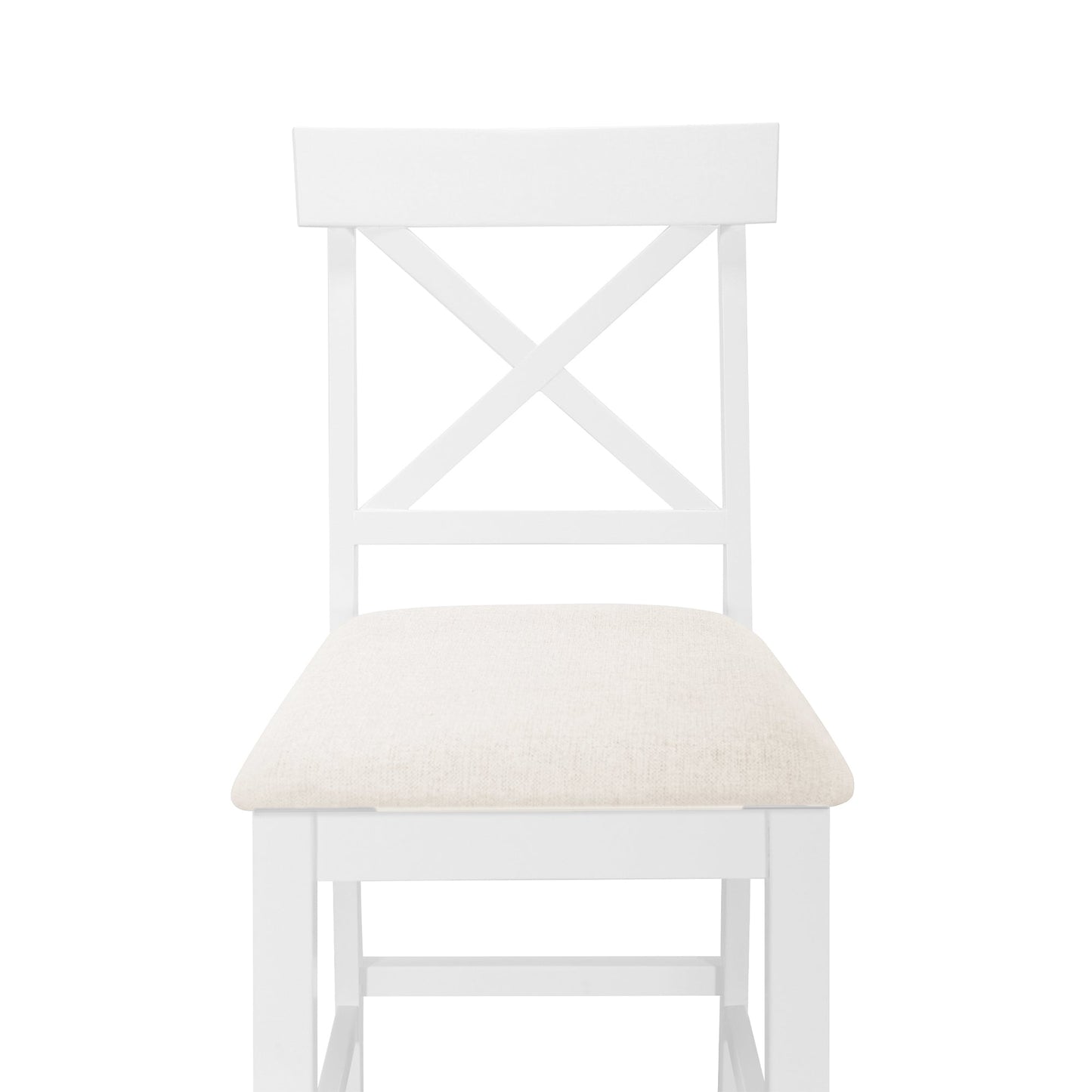 TOPMAX 60'Lx30'W Solid Wood Farmhouse Counter Height Dining Table Set with 3 - Tier Storage Shelves, Upholstered Dining Chairs for 4, 5 - Piece, White - 1st Choice Furniture Direct