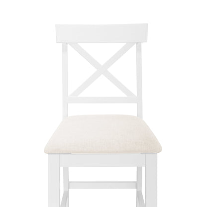 TOPMAX 60'Lx30'W Solid Wood Farmhouse Counter Height Dining Table Set with 3 - Tier Storage Shelves, Upholstered Dining Chairs for 4, 5 - Piece, White - 1st Choice Furniture Direct