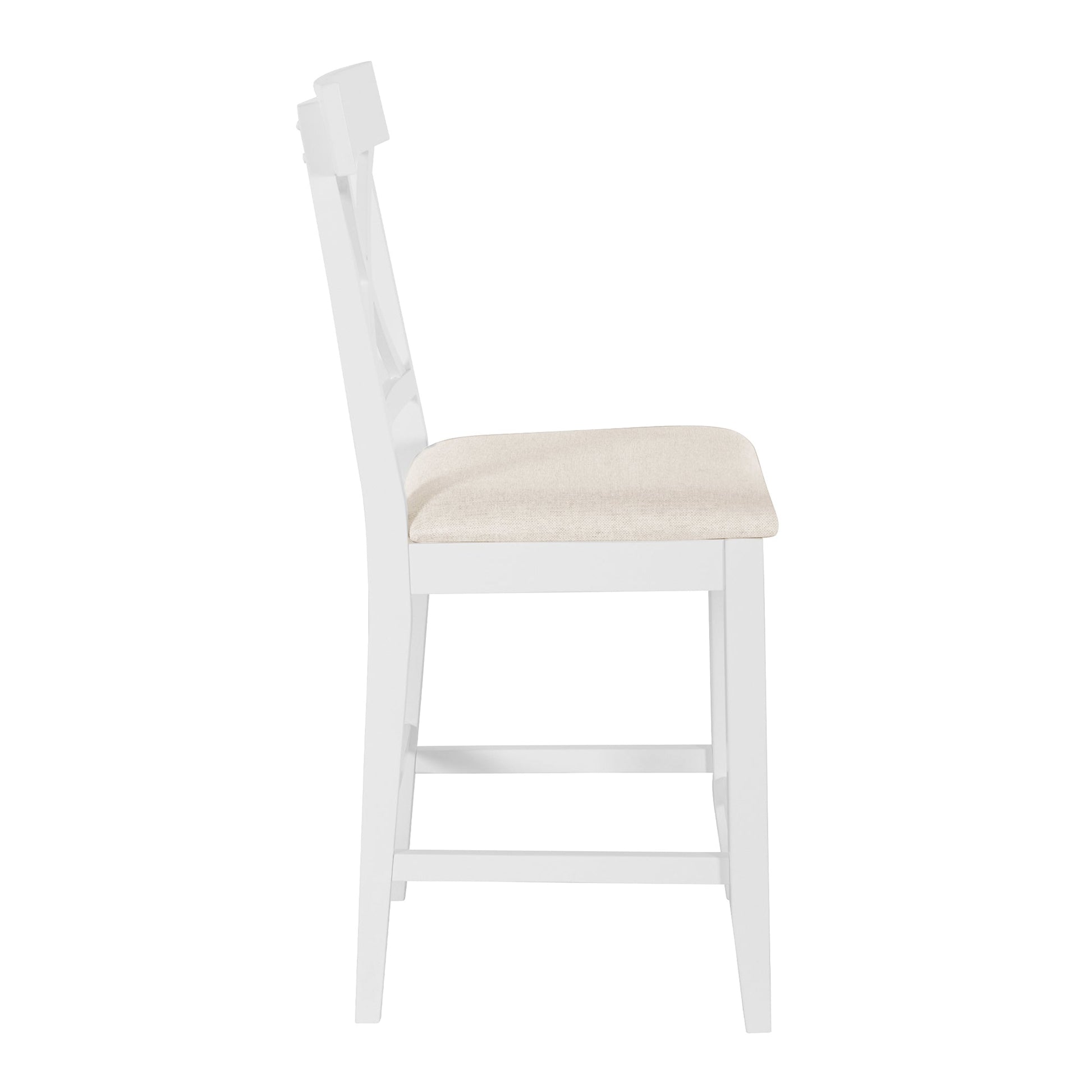 TOPMAX 60'Lx30'W Solid Wood Farmhouse Counter Height Dining Table Set with 3 - Tier Storage Shelves, Upholstered Dining Chairs for 4, 5 - Piece, White - 1st Choice Furniture Direct