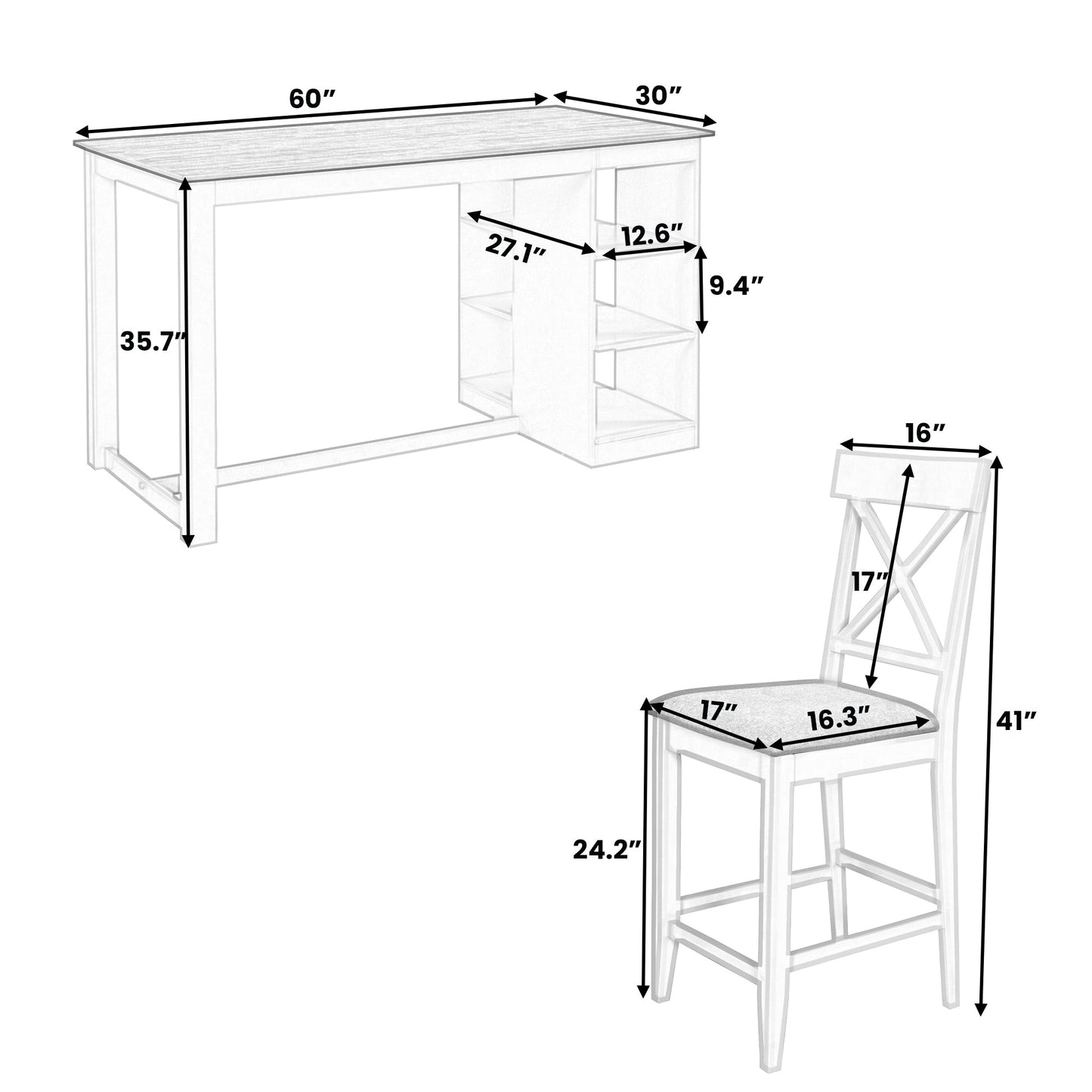 TOPMAX 60'Lx30'W Solid Wood Farmhouse Counter Height Dining Table Set with 3 - Tier Storage Shelves, Upholstered Dining Chairs for 4, 5 - Piece, White - 1st Choice Furniture Direct