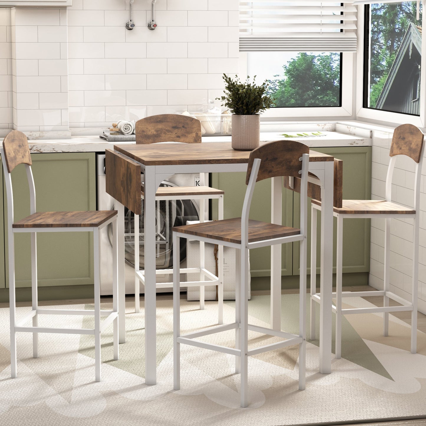 TOPMAX Farmhouse 5 - piece Counter Height Drop Leaf Dining Table Set with Dining Chairs for 4,White Frame+ Rustic Brown Tabletop - 1st Choice Furniture Direct
