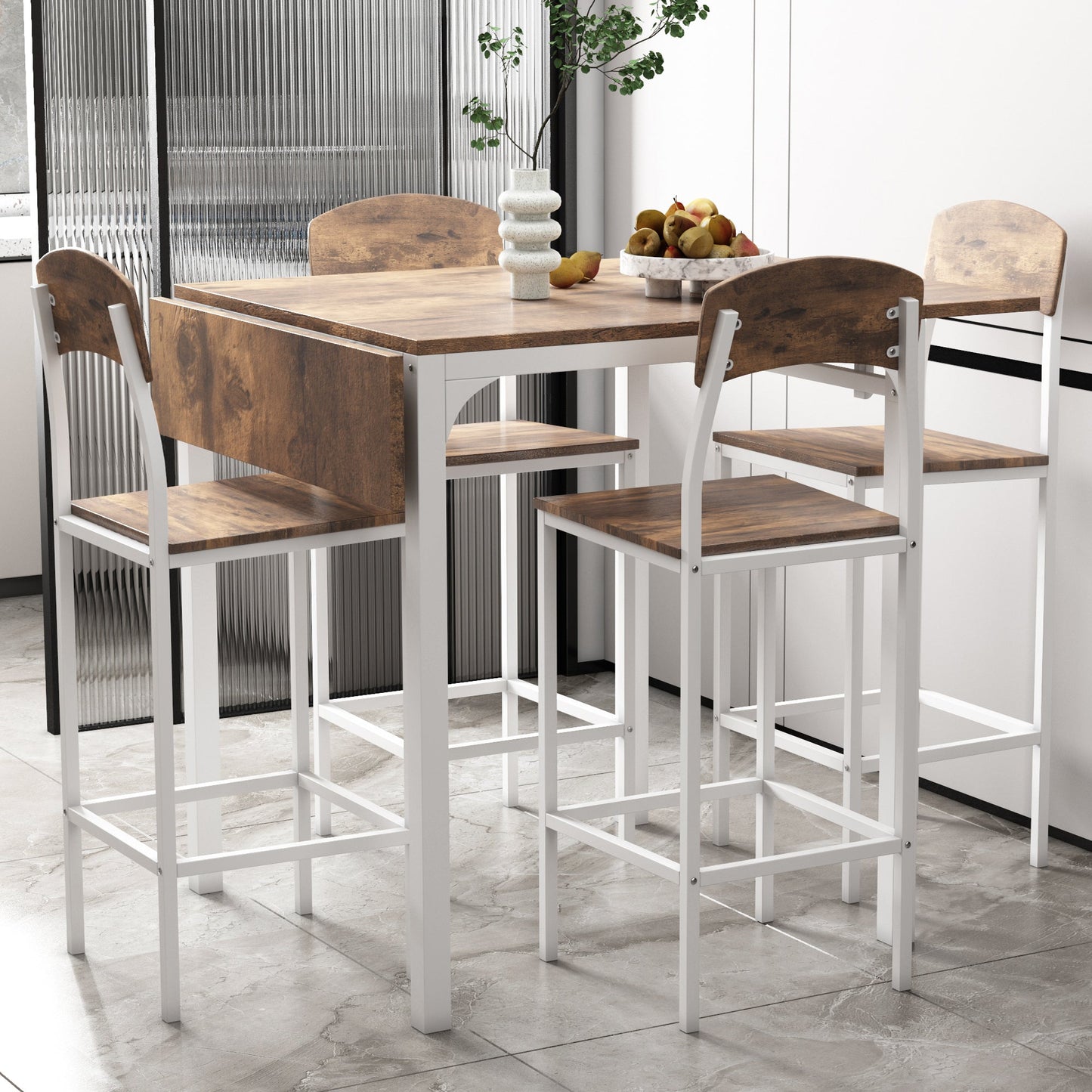 TOPMAX Farmhouse 5 - piece Counter Height Drop Leaf Dining Table Set with Dining Chairs for 4,White Frame+ Rustic Brown Tabletop - 1st Choice Furniture Direct