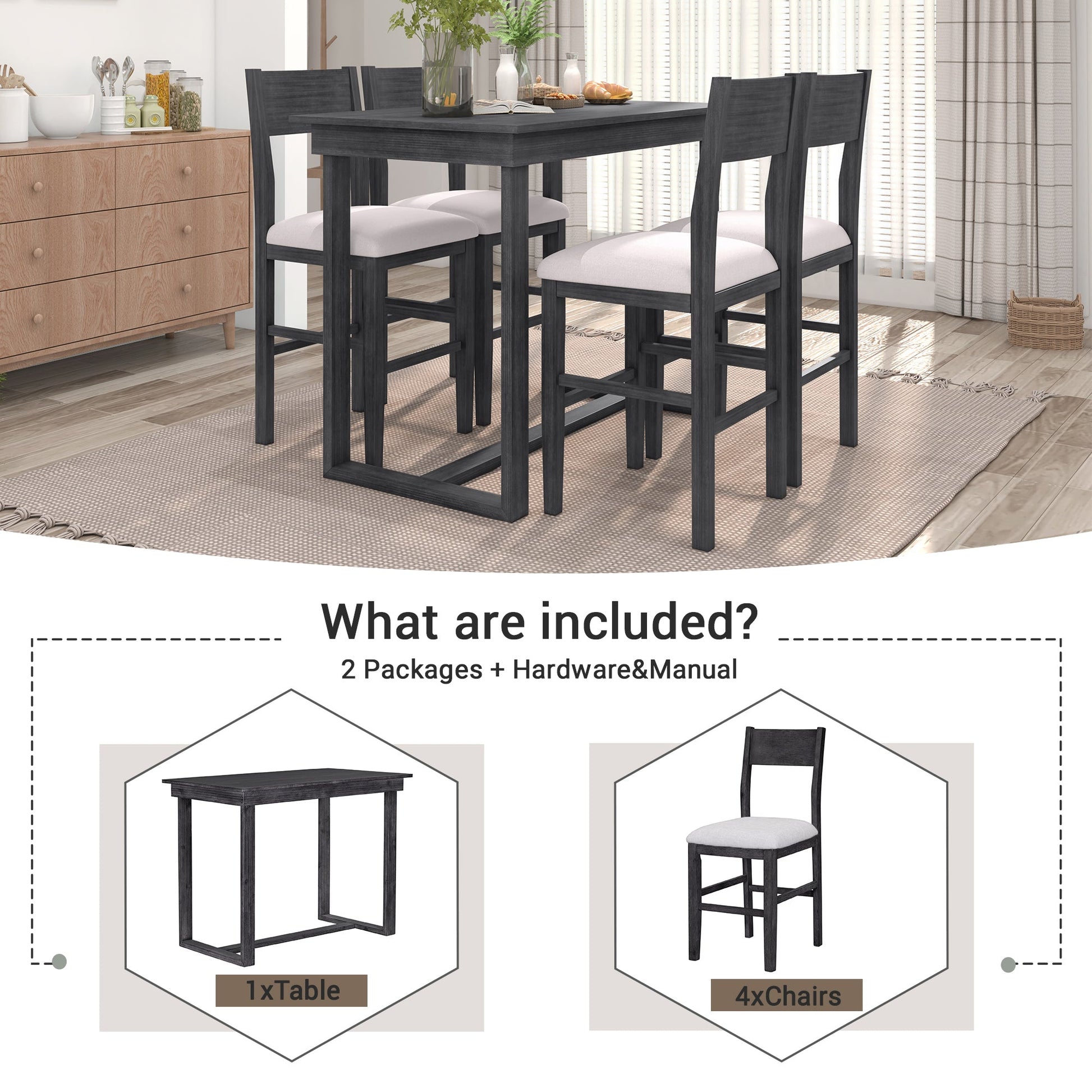 TOPMAX Farmhouse Counter Height 5-Piece Dining Table Set with 1 Rectangular Dining Table and 4 Dining Chairs for Small Places,Gray (old sku: SP000230AAE) - 1st Choice Furniture Direct