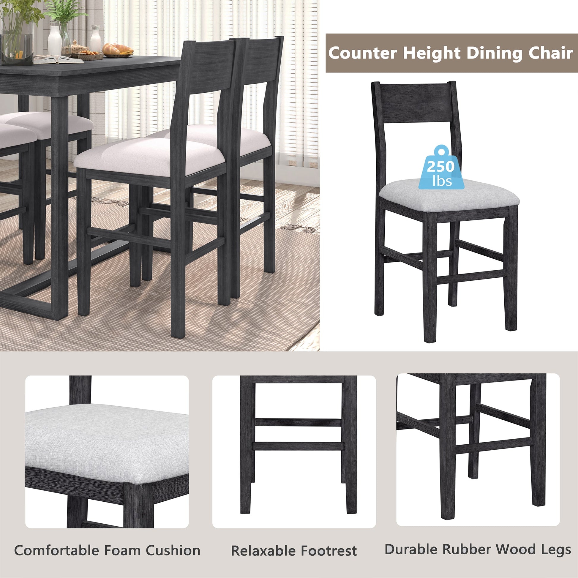 TOPMAX Farmhouse Counter Height 5-Piece Dining Table Set with 1 Rectangular Dining Table and 4 Dining Chairs for Small Places,Gray (old sku: SP000230AAE) - 1st Choice Furniture Direct