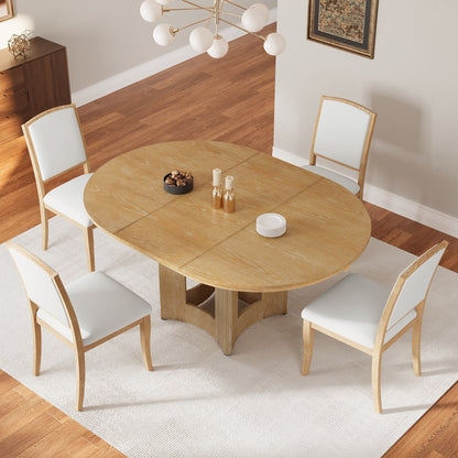 TOPMAX Farmhouse Extendable Round Dining Table Set for 4, 5 - Piece Kitchen Table Set with 4 Upholstered Chairs and 16inch Removable Leaf for Small Places, Natural+Beige - 1st Choice Furniture Direct