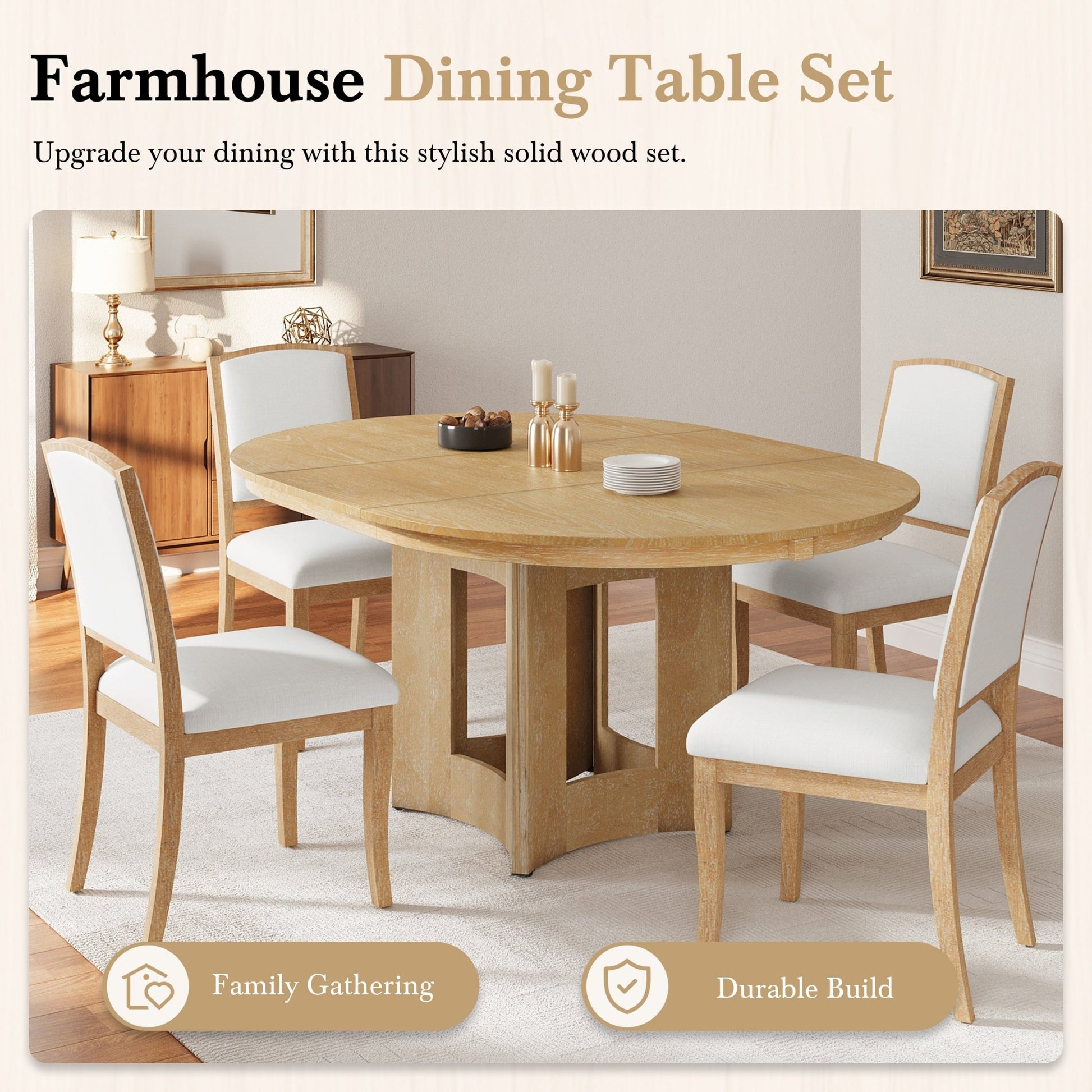 TOPMAX Farmhouse Extendable Round Dining Table Set for 4, 5 - Piece Kitchen Table Set with 4 Upholstered Chairs and 16inch Removable Leaf for Small Places, Natural+Beige - 1st Choice Furniture Direct