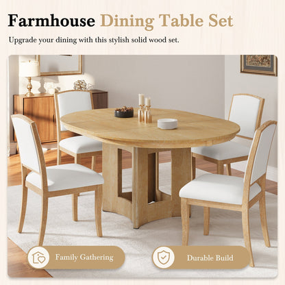 TOPMAX Farmhouse Extendable Round Dining Table Set for 4, 5 - Piece Kitchen Table Set with 4 Upholstered Chairs and 16inch Removable Leaf for Small Places, Natural+Beige - 1st Choice Furniture Direct