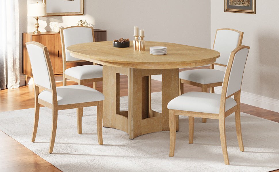 TOPMAX Farmhouse Extendable Round Dining Table Set for 4, 5 - Piece Kitchen Table Set with 4 Upholstered Chairs and 16inch Removable Leaf for Small Places, Natural+Beige - 1st Choice Furniture Direct
