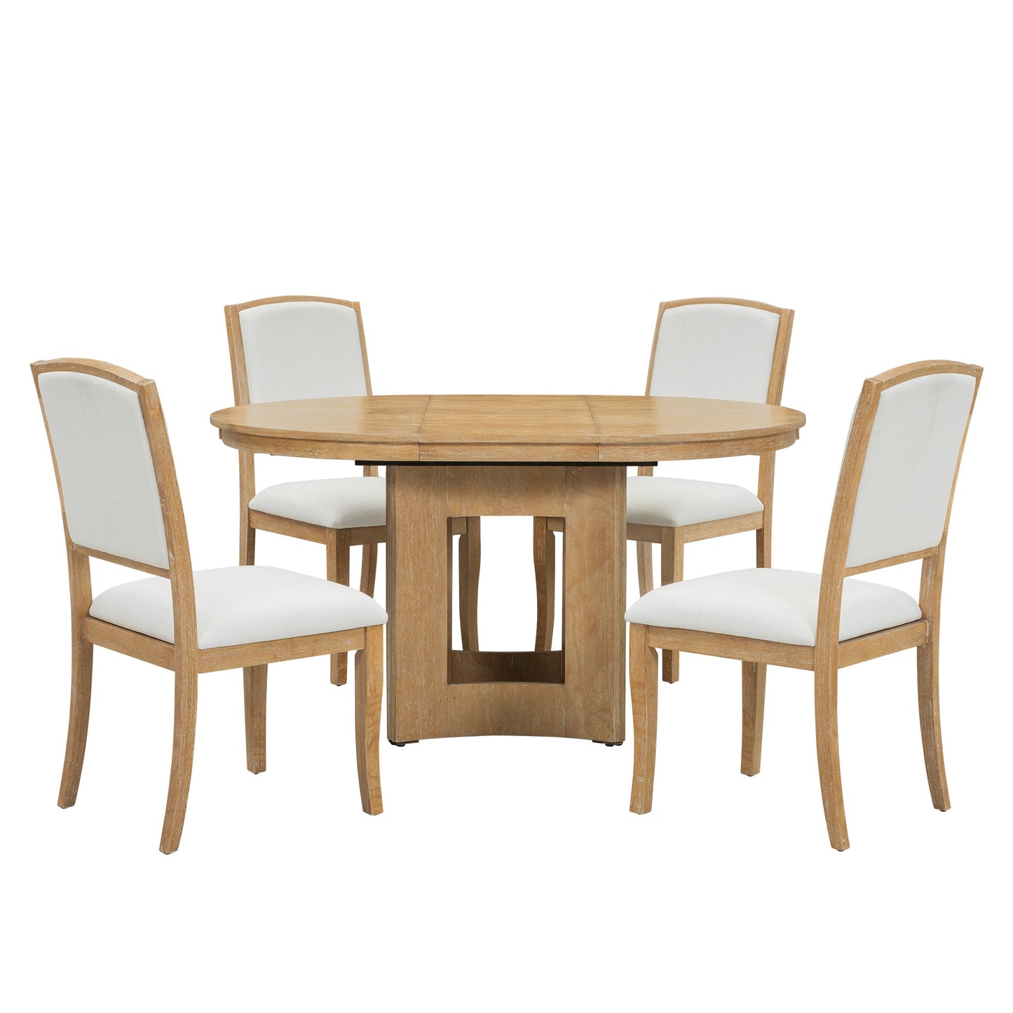 TOPMAX Farmhouse Extendable Round Dining Table Set for 4, 5 - Piece Kitchen Table Set with 4 Upholstered Chairs and 16inch Removable Leaf for Small Places, Natural+Beige - 1st Choice Furniture Direct