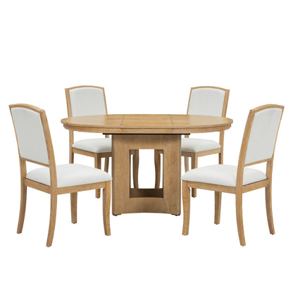 TOPMAX Farmhouse Extendable Round Dining Table Set for 4, 5 - Piece Kitchen Table Set with 4 Upholstered Chairs and 16inch Removable Leaf for Small Places, Natural+Beige - 1st Choice Furniture Direct