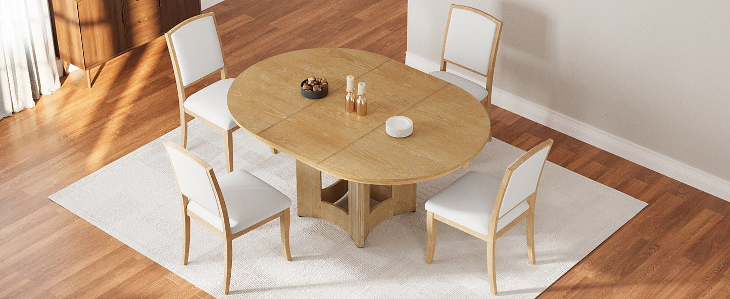 TOPMAX Farmhouse Extendable Round Dining Table Set for 4, 5 - Piece Kitchen Table Set with 4 Upholstered Chairs and 16inch Removable Leaf for Small Places, Natural+Beige - 1st Choice Furniture Direct