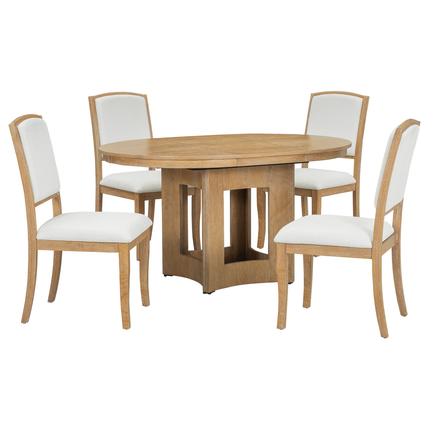 TOPMAX Farmhouse Extendable Round Dining Table Set for 4, 5 - Piece Kitchen Table Set with 4 Upholstered Chairs and 16inch Removable Leaf for Small Places, Natural+Beige - 1st Choice Furniture Direct