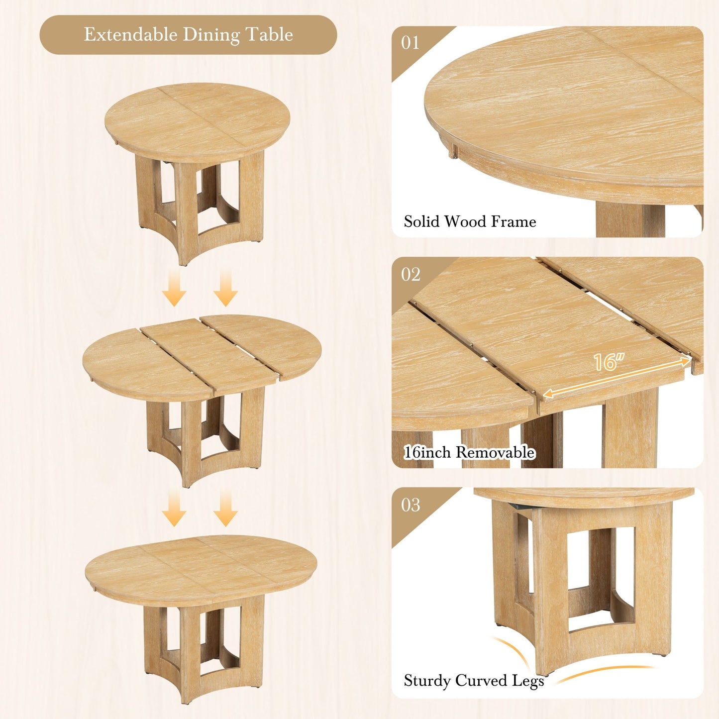 TOPMAX Farmhouse Extendable Round Dining Table Set for 4, 5 - Piece Kitchen Table Set with 4 Upholstered Chairs and 16inch Removable Leaf for Small Places, Natural+Beige - 1st Choice Furniture Direct