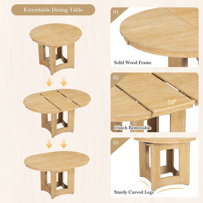 TOPMAX Farmhouse Extendable Round Dining Table Set for 4, 5 - Piece Kitchen Table Set with 4 Upholstered Chairs and 16inch Removable Leaf for Small Places, Natural+Beige - 1st Choice Furniture Direct