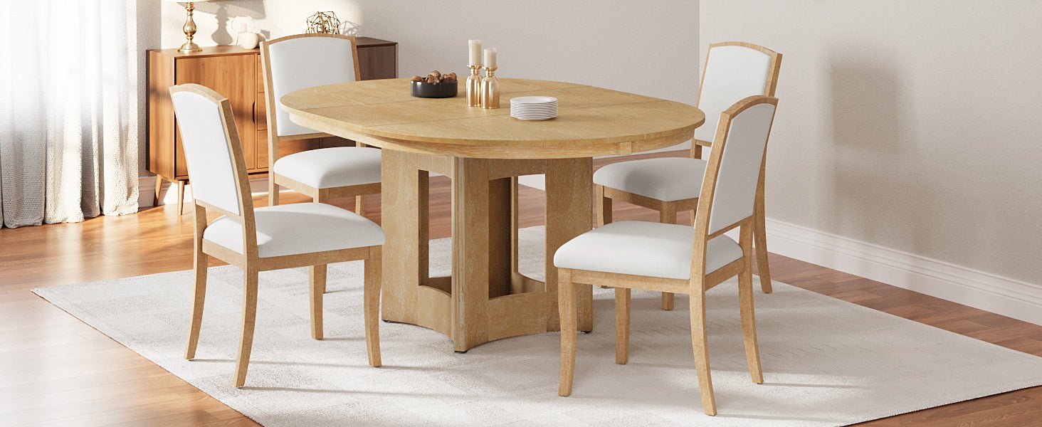 TOPMAX Farmhouse Extendable Round Dining Table Set for 4, 5 - Piece Kitchen Table Set with 4 Upholstered Chairs and 16inch Removable Leaf for Small Places, Natural+Beige - 1st Choice Furniture Direct