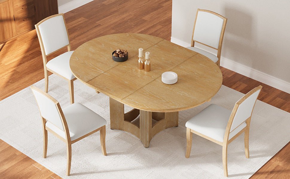 TOPMAX Farmhouse Extendable Round Dining Table Set for 4, 5 - Piece Kitchen Table Set with 4 Upholstered Chairs and 16inch Removable Leaf for Small Places, Natural+Beige - 1st Choice Furniture Direct