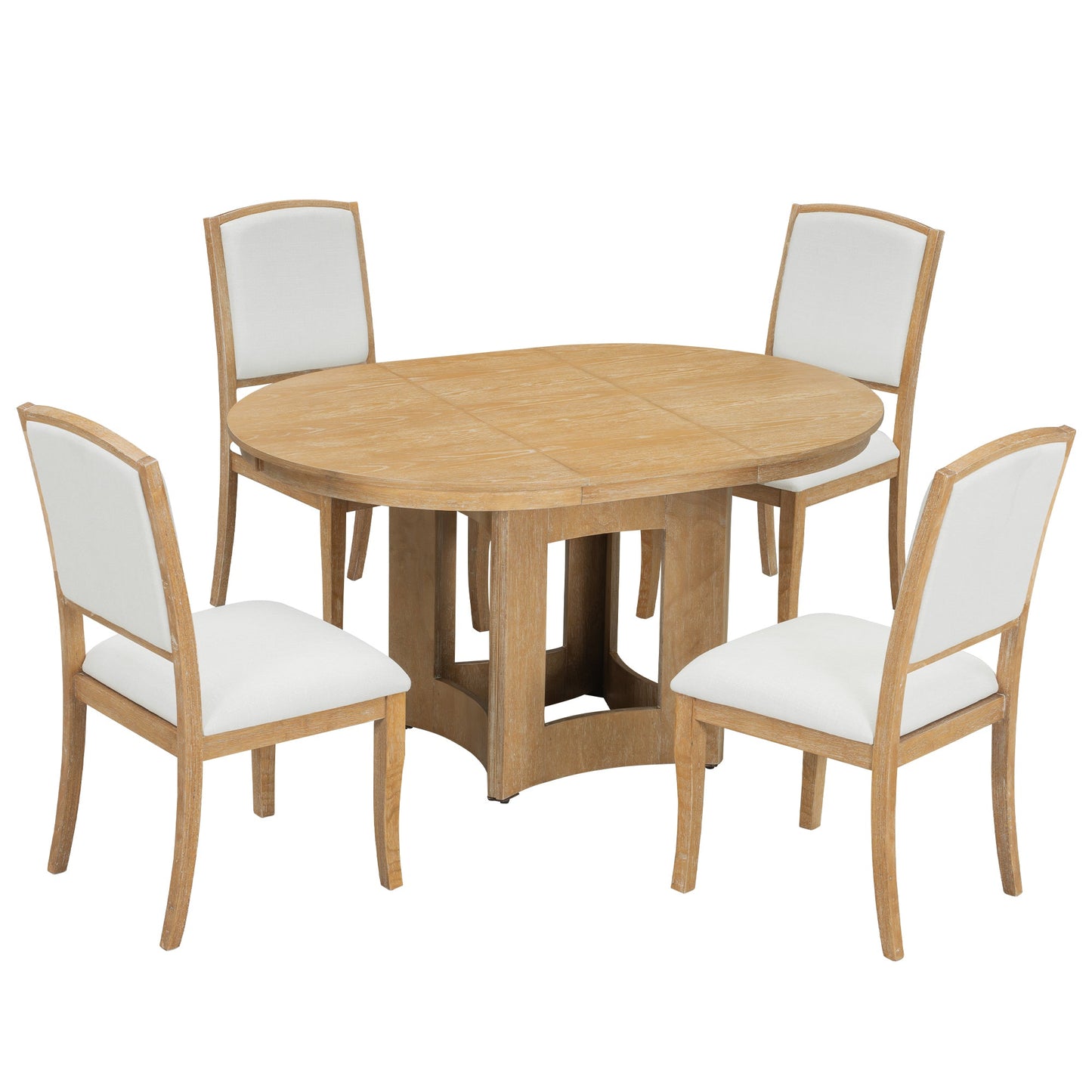 TOPMAX Farmhouse Extendable Round Dining Table Set for 4, 5 - Piece Kitchen Table Set with 4 Upholstered Chairs and 16inch Removable Leaf for Small Places, Natural+Beige - 1st Choice Furniture Direct