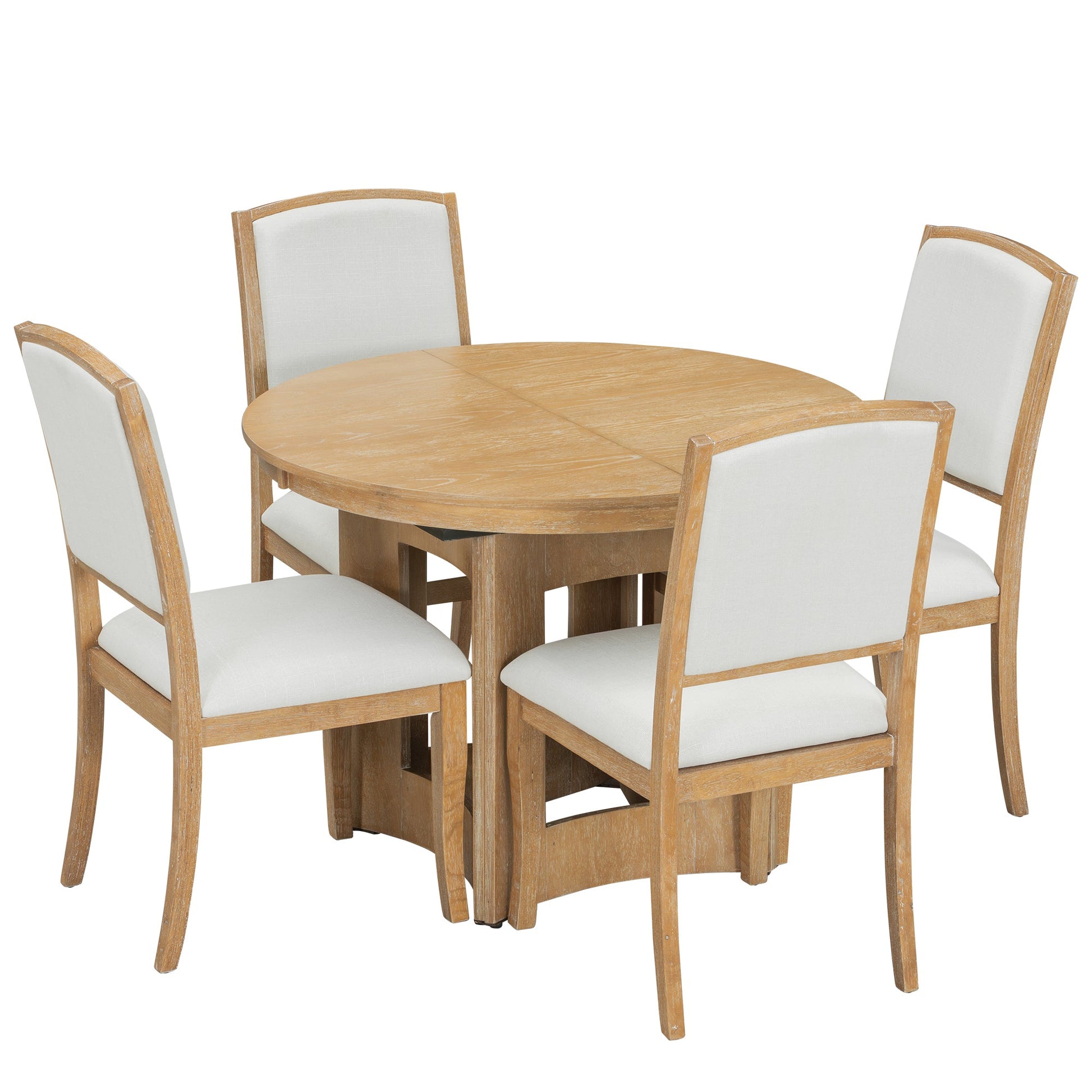TOPMAX Farmhouse Extendable Round Dining Table Set for 4, 5 - Piece Kitchen Table Set with 4 Upholstered Chairs and 16inch Removable Leaf for Small Places, Natural+Beige - 1st Choice Furniture Direct